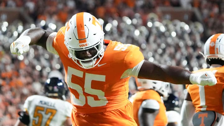 Tennessee defensive lineman Omarr Norman-Lott (55) celebrating after a play during the NCAA college football game against Kent State on Saturday, Sept. 14, 2024 in Knoxville, Tenn. Tennessee defensive lineman Omarr Norman-Lott (55) celebrating after a play during the NCAA college football game against Kent State on Saturday, Sept. 14, 2024 in Knoxville, Tenn.