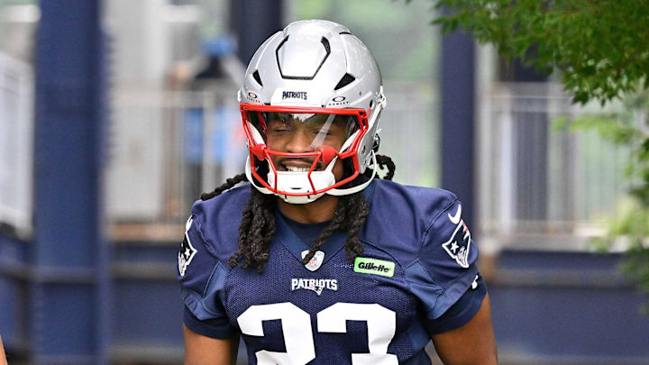 Jun 9, 2025; Foxborough, MA, USA; New England Patriots quarterback Drake Maye (10) and safety Kyle Dugger (23) walk to the practice fields at Gillette Stadium. Mandatory Credit: Eric Canha-Imagn Images