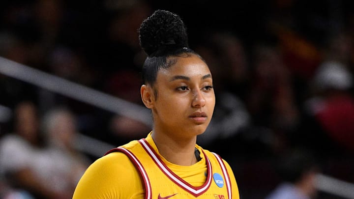 Mar 24, 2025; Los Angeles, California, USA; USC Trojans guard Rian Forestier (4) and USC Trojans guard JuJu Watkins (12) during pregame warmups before an NCAA Tournament second round game against the Mississippi State Bulldogs at Galen Center. Mandatory Credit: Robert Hanashiro-Imagn Images; Mar 24, 2025; Los Angeles, California, USA; USC Trojans guard Rian Forestier (4) and USC Trojans guard JuJu Watkins (12) during pregame warmups before an NCAA Tournament second round game against the Mississippi State Bulldogs at Galen Center. Mandatory Credit: Robert Hanashiro-Imagn Images;