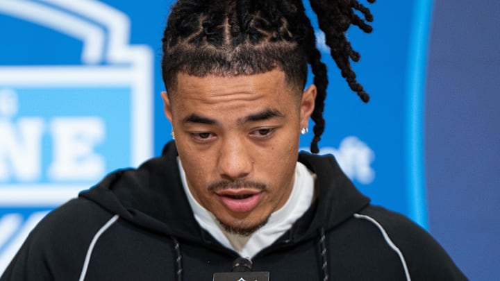 Feb 27, 2026; Indianapolis, IN, USA; Southern California wideout Makai Lemon (WO29) speaks to members of the media during the NFL Combine at the Indiana Convention Center. Mandatory Credit: Jacob Musselman-Imagn Images
