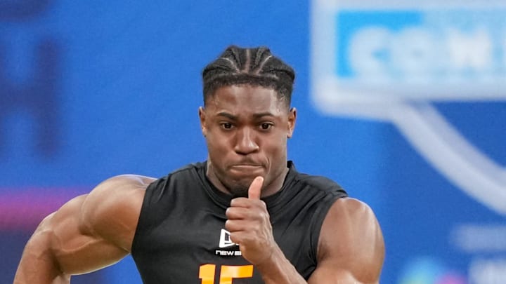 Feb 28, 2026; Indianapolis, IN, USA; Notre Dame running back Jadarian Price (RB15) during the NFL Scouting Combine at Lucas Oil Stadium. Mandatory Credit: Kirby Lee-Imagn Images