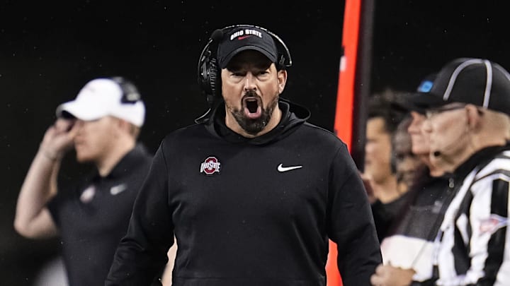 Ohio State Buckeyes head coach Ryan Day yells during the NCAA football game against the UCLA Bruins at Ohio Stadium in Columbus on Nov. 15, 2025.