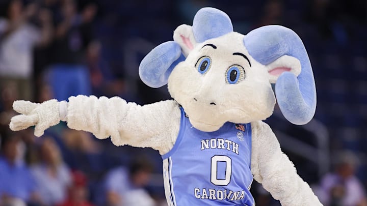 Mar 7, 2026; Duluth, GA, USA; North Carolina Tar Heels mascot RJ on the court against the Louisville Cardinals in the fourth quarter at Gas South Arena. Mandatory Credit: Brett Davis-Imagn Images
