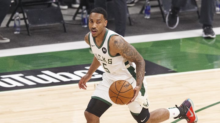 Jul 14, 2021; Milwaukee, Wisconsin, USA; Milwaukee Bucks guard Jeff Teague (5) during game four of the 2021 NBA Finals against the Phoenix Sunsat Fiserv Forum. Mandatory Credit: Jeff Hanisch-Imagn Images
