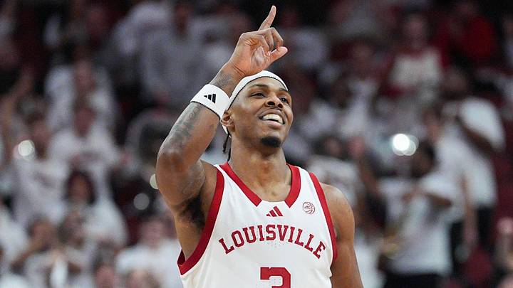 Guard Ryan Conwell celebrates after hitting a 3-pointer for Louisville during a game against N.C. State during a game on Feb. 9, 2026.