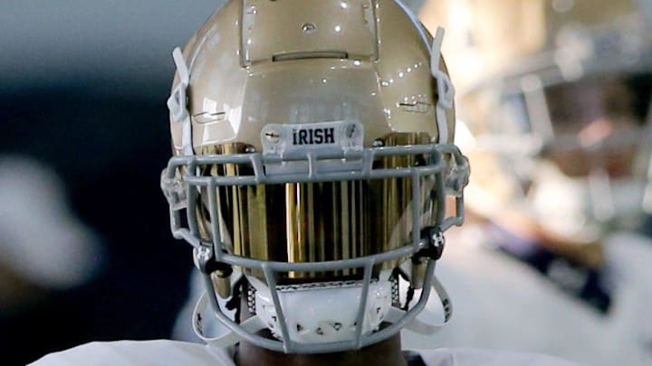 Notre Dame cornerback Benjamin Morrison (20) goes through drills
