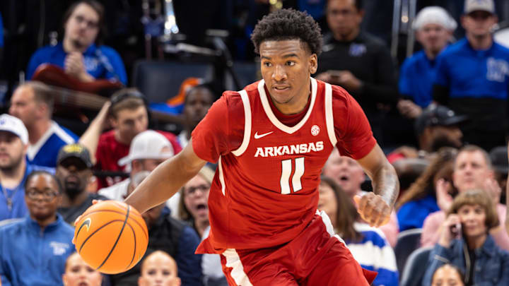 Oct 27, 2025; Memphis, TN, USA; Arkansas Razorbacks guard Karter Knox (11) dribbles the ball up the court against the Memphis Tigers during the second half at FedEx Forum. Mandatory Credit: Wesley Hale-Imagn Images