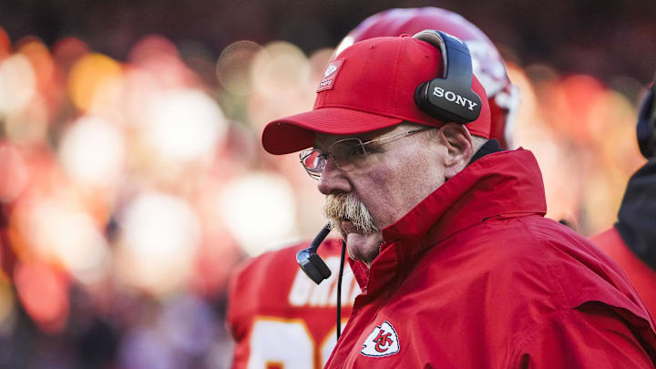 Dec 14, 2025; Kansas City, Missouri, USA; Kansas City Chiefs head coach Andy Reid stands on the sideline during the fourth quarter against the Los Angeles Chargers at GEHA Field at Arrowhead Stadium. Mandatory Credit: Denny Medley-Imagn Images