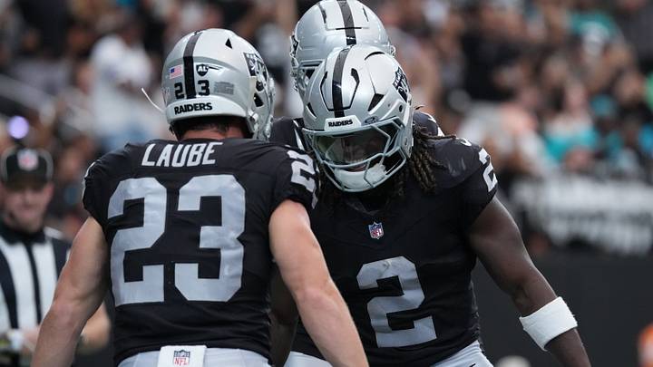 Sep 13, 2026; Paradise, Nevada, USA; Las Vegas Raiders running back Ashton Jeanty (2) celebrates a touchdown with running back Dylan Laube (23) in the second quarter against the Miami Dolphins at Allegiant Stadium. Mandatory Credit: Kirby Lee-Imagn Images Sep 13, 2026; Paradise, Nevada, USA; Las Vegas Raiders running back Ashton Jeanty (2) celebrates a touchdown with running back Dylan Laube (23) in the second quarter against the Miami Dolphins at Allegiant Stadium. Mandatory Credit: Kirby Lee-Imagn Images