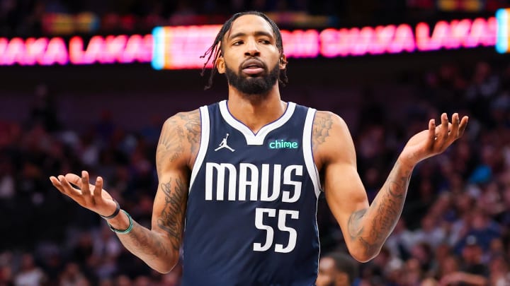 Jan 11, 2024; Dallas, Texas, USA;  Dallas Mavericks forward Derrick Jones Jr. (55) reacts after dunking during the second half against the New York Knicks at American Airlines Center. Mandatory Credit: Kevin Jairaj-USA TODAY Sports