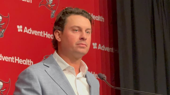 New Buccaneers OC Josh Grizzard speaks to media at One Buccaneer Place. 