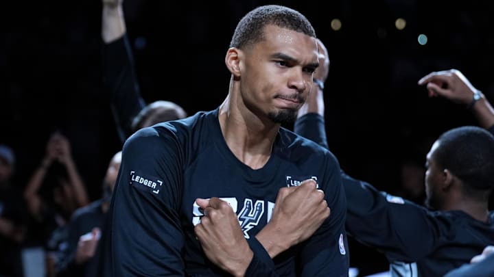 Mar 19, 2026; San Antonio, Texas, USA;  San Antonio Spurs forward Victor Wembanyama (1) is introduced before the game against the Phoenix Suns at Frost Bank Center. Mandatory Credit: Daniel Dunn-Imagn Images