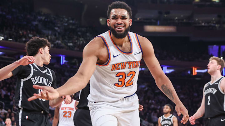 Jan 21, 2026; New York, New York, USA; New York Knicks center Karl-Anthony Towns (32) reacts after a no-call in the second quarter against the Brooklyn Nets at Madison Square Garden. Mandatory Credit: Wendell Cruz-Imagn Images Jan 21, 2026; New York, New York, USA; New York Knicks center Karl-Anthony Towns (32) reacts after a no-call in the second quarter against the Brooklyn Nets at Madison Square Garden. Mandatory Credit: Wendell Cruz-Imagn Images
