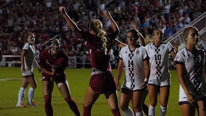 Arkansas players celebrate a goal during the Razorbacks' 4-2 win against Mississippi State. Arkansas players celebrate a goal during the Razorbacks' 4-2 win against Mississippi State.