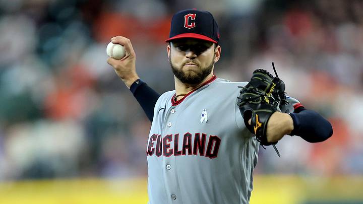 Jun 21, 2026; Houston, Texas, USA; Cleveland Guardians pitcher Slade Cecconi (44) delivers a pitch against the Houston Astros during the first inning at Daikin Park. Mandatory Credit: Erik Williams-Imagn Images