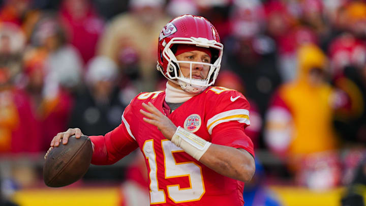 Dec 14, 2025; Kansas City, Missouri, USA; Kansas City Chiefs quarterback Patrick Mahomes (15) throws a pass during the second half against the Los Angeles Chargers at GEHA Field at Arrowhead Stadium. Mandatory Credit: Jay Biggerstaff-Imagn Images
