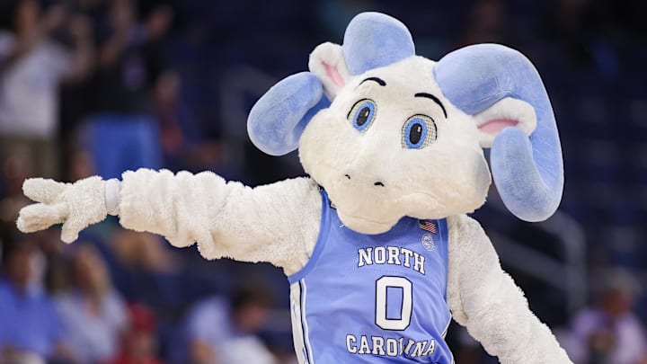 Mar 7, 2026; Duluth, GA, USA; North Carolina Tar Heels mascot RJ on the court against the Louisville Cardinals in the fourth quarter at Gas South Arena. Mandatory Credit: Brett Davis-Imagn Images
