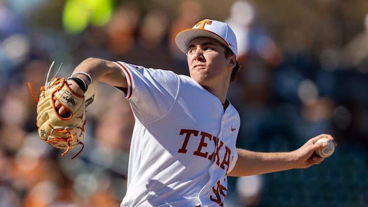 Texas sophomore pitcher Dylan Volantis tosses a pitch at UFCU Disch-Falk Field in Austin, Texas.