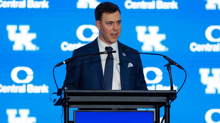 Dec 3, 2025; Lexington, KY, USA; Kentucky Wildcats head football coach Will Stein speaks during his introductory press conference at Nutter Field House. Mandatory Credit: Jordan Prather-Imagn Images