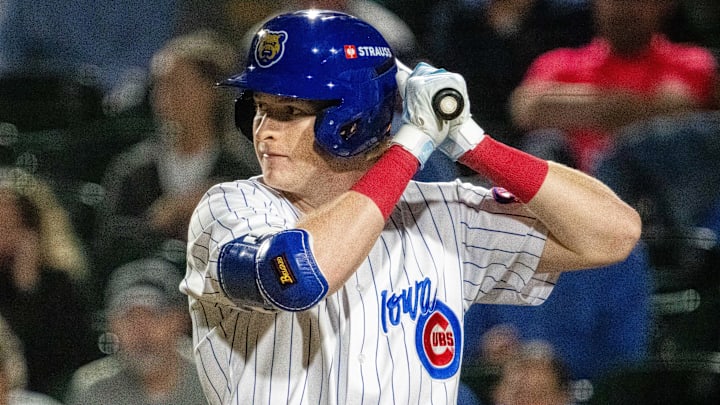 Iowa Cubs' Owen Caissie (17) swings at the ball on Friday, March 28, 2025, at Principal Park in Des Moines