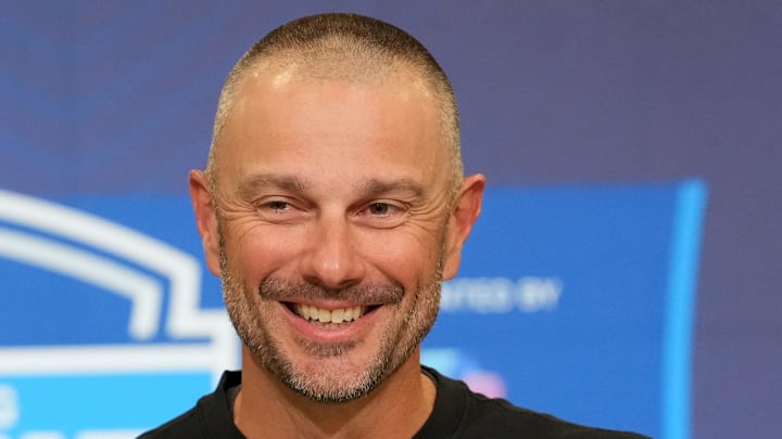 Feb 24, 2026; Indianapolis, IN, USA; Las Vegas Raiders general manager John Spytek speaks at the NFL Scouting Combine at the Indiana Convention Center. Mandatory Credit: Kirby Lee-Imagn Images