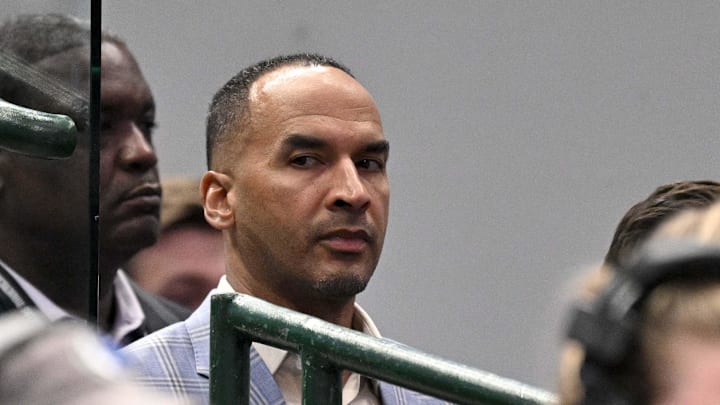 Apr 9, 2025; Dallas, Texas, USA; Dallas Mavericks general manager Nico Harrison looks on during the third quarter against the Los Angeles Lakers at the American Airlines Center. Mandatory Credit: Jerome Miron-Imagn Images Apr 9, 2025; Dallas, Texas, USA; Dallas Mavericks general manager Nico Harrison looks on during the third quarter against the Los Angeles Lakers at the American Airlines Center. Mandatory Credit: Jerome Miron-Imagn Images