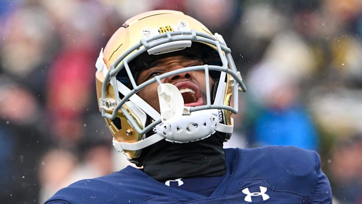Notre Dame Fighting Irish cornerback Benjamin Morrison (20) celebrates after an interception in the first quarter against the Boston College Eagles