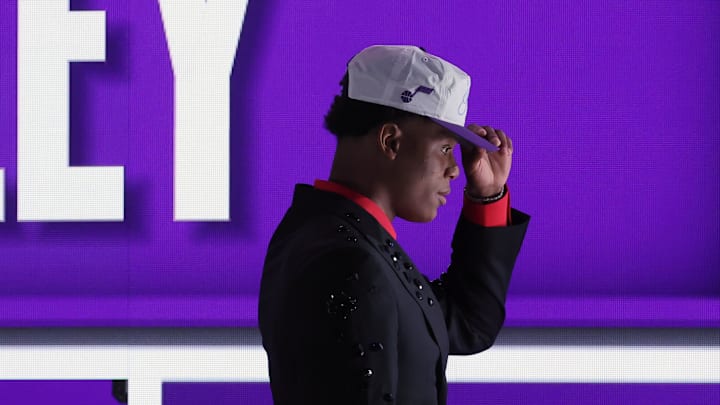 Jun 25, 2025; Brooklyn, NY, USA;  Ace Bailey looks on after being selected as the fifth pick by the Utah in the first round of the 2025 NBA Draft at Barclays Center. Mandatory Credit: Brad Penner-Imagn Images