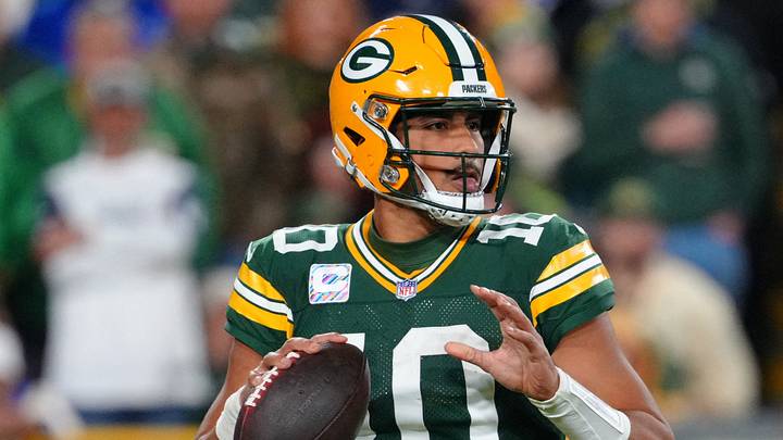 Oct 18, 2026; Green Bay, Wisconsin, USA;  Green Bay Packers quarterback Jordan Love (10) looks to pass against the Dallas Cowboys during the second half at Lambeau Field.  Mandatory Credit: Ross Harried-Imagn Images