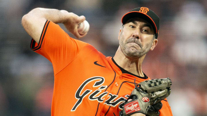 Apr 25, 2025; San Francisco, California, USA; San Francisco Giants starting pitcher Justin Verlander (35) delivers a pitch against the Texas Rangers during the first inning at Oracle Park.