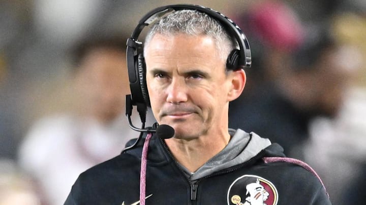 Nov 9, 2024; South Bend, Indiana, USA; Florida State Seminoles head coach Mike Norvell watches in the third quarter against the Notre Dame Fighting Irish at Notre Dame Stadium. Mandatory Credit: Matt Cashore-Imagn Images