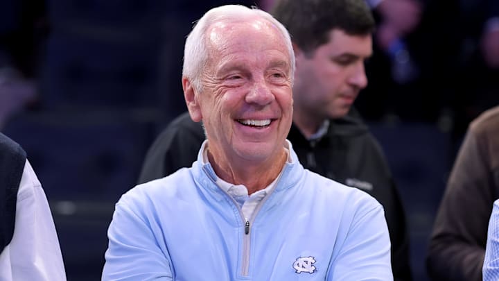 Dec 5, 2023; New York, New York, USA; North Carolina Tar Heels former head coach Roy Williams watches from the stands during halftime against the Connecticut Huskies at Madison Square Garden. Mandatory Credit: Brad Penner-Imagn Images