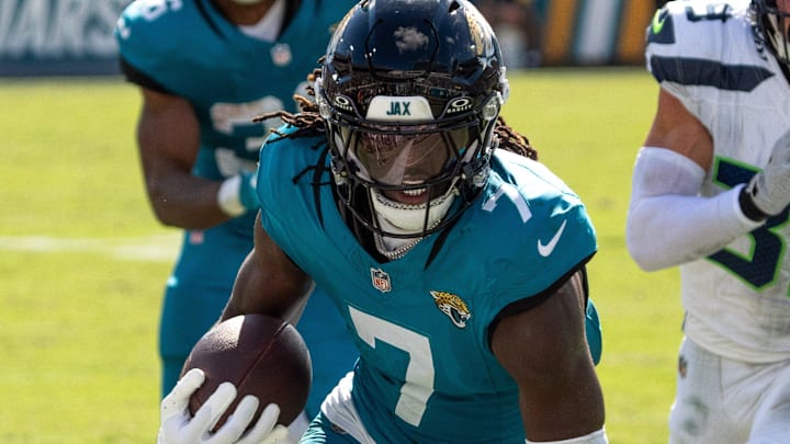 Jacksonville Jaguars wide receiver Brian Thomas Jr. (7) catches a pass and runs in for a touchdown but was called back during the third quarter in an NFL football game at EverBank Stadium, Sunday, Oct. 12, 2025, in Jacksonville, Fla. 