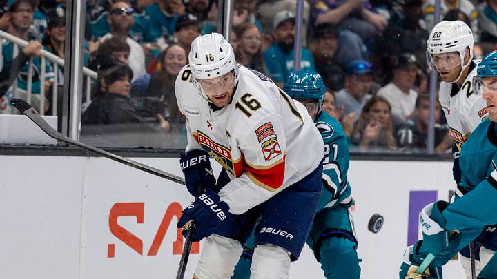 Oct 1, 2026; San Jose, California, USA; Florida Panthers center Aleksander Barkov (16) passes the puck during the first period against San Jose Sharks defense Michael Kesselring (7) at SAP Center at San Jose. Mandatory Credit: Bob Kupbens-Imagn Images Oct 1, 2026; San Jose, California, USA; Florida Panthers center Aleksander Barkov (16) passes the puck during the first period against San Jose Sharks defense Michael Kesselring (7) at SAP Center at San Jose. Mandatory Credit: Bob Kupbens-Imagn Images