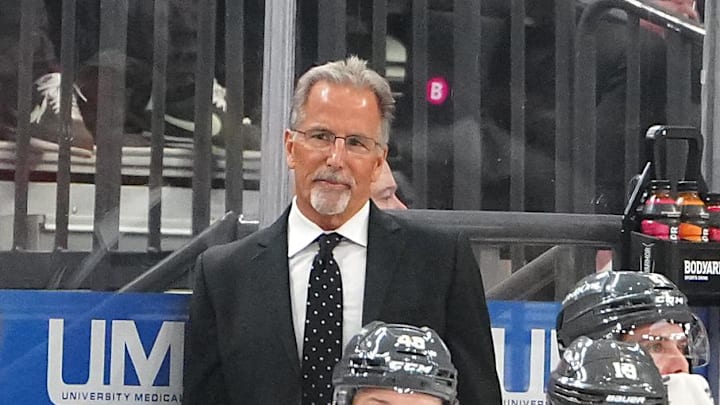 Mar 30, 2026; Las Vegas, Nevada, USA; Vegas Golden Knights head coach John Tortorella watches play between the Golden Knights and Vancouver Canucks during the first period at T-Mobile Arena. Mandatory Credit: Stephen R. Sylvanie-Imagn Images Mar 30, 2026; Las Vegas, Nevada, USA; Vegas Golden Knights head coach John Tortorella watches play between the Golden Knights and Vancouver Canucks during the first period at T-Mobile Arena. Mandatory Credit: Stephen R. Sylvanie-Imagn Images