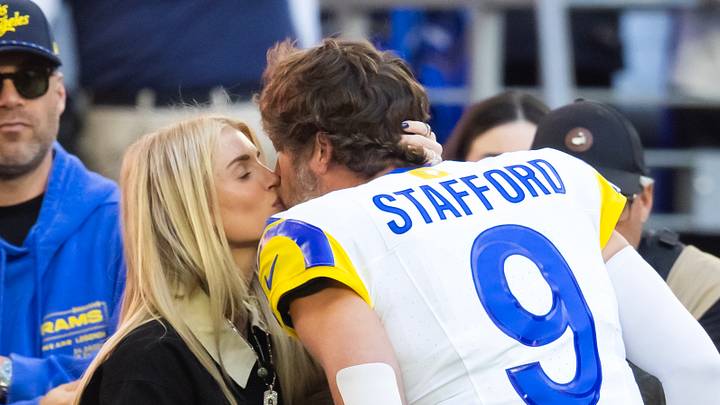 Los Angeles Rams quarterback Matthew Stafford kisses wife Kelly Stafford prior to the game against the Arizona Cardinals. Los Angeles Rams quarterback Matthew Stafford kisses wife Kelly Stafford prior to the game against the Arizona Cardinals.