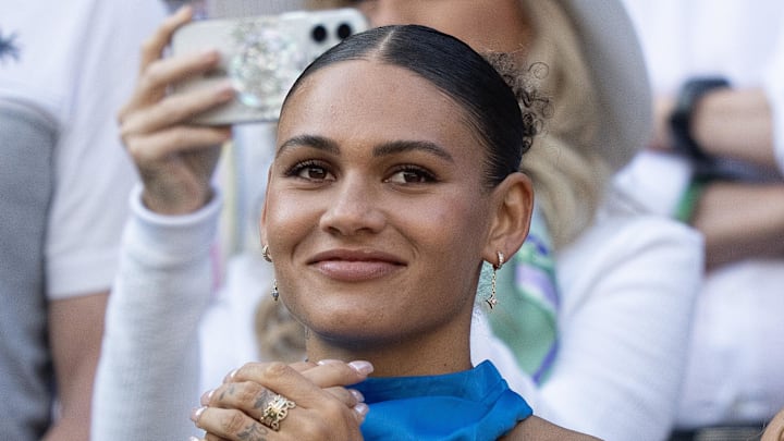 Jul 7, 2025; Wimbledon, United Kingdom; Trinity Rodman reacts to Ben Shelton of the United States winning his match against Lorenzo Sonego of Italy on day eight at All England Lawn Tennis and Croquet Club. Mandatory Credit: Susan Mullane-Imagn Images