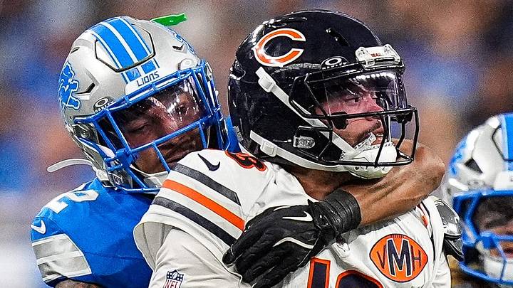 Detroit Lions safety Brian Branch (32) sacks Chicago Bears quarterback Caleb Williams (18) Detroit Lions safety Brian Branch (32) sacks Chicago Bears quarterback Caleb Williams (18)