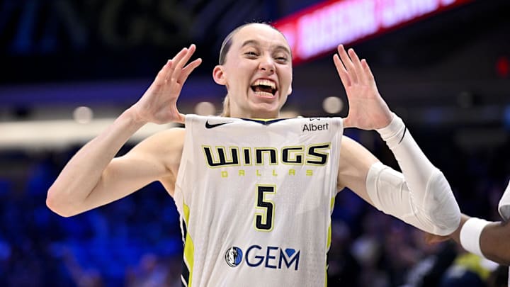 Sep 11, 2025; Arlington, Texas, USA; Dallas Wings guard Paige Bueckers (5) celebrates after the game against the Phoenix Mercury at College Park Center. Mandatory Credit: Jerome Miron-Imagn Images