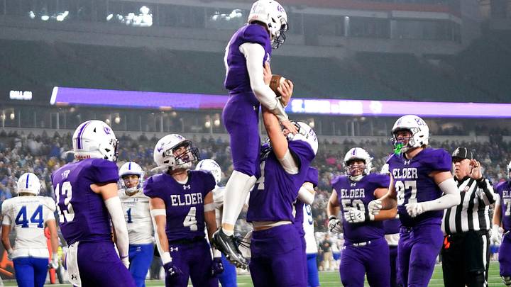 Elder Panthers celebrate a touchdown in the first half of Division I regional final high school football game between the Elder Panthers and St. Xavier Bombers, Friday, Nov. 21, 2025, at Paycor Stadium in downtown Cincinnati. Elder Panthers celebrate a touchdown in the first half of Division I regional final high school football game between the Elder Panthers and St. Xavier Bombers, Friday, Nov. 21, 2025, at Paycor Stadium in downtown Cincinnati.