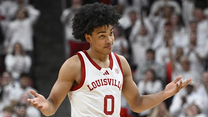 Louisville Cardinals guard Mikel Brown Jr. (0) reacts during the second half against the NC State Wolfpack at KFC Yum! Center on February 9, 2026.