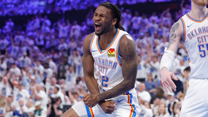 Apr 20, 2025; Oklahoma City, Oklahoma, USA; Oklahoma City Thunder guard Cason Wallace (22) celebrates after scoring against the Memphis Grizzlies during the second quarter at Paycom Center. Mandatory Credit: Alonzo Adams-Imagn Images Apr 20, 2025; Oklahoma City, Oklahoma, USA; Oklahoma City Thunder guard Cason Wallace (22) celebrates after scoring against the Memphis Grizzlies during the second quarter at Paycom Center. Mandatory Credit: Alonzo Adams-Imagn Images