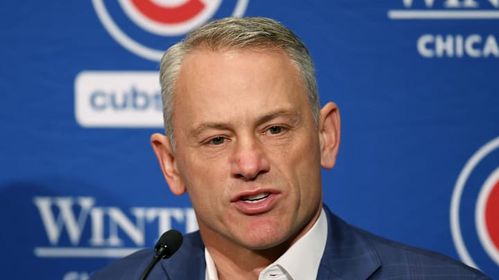 Jan 12, 2024; Chicago, IL, USA; Chicago Cubs president of baseball operations Jed Hoyer talks to the media after introducing pitcher Shota Imanaga (not pictured) during a press conference at Loews Chicago Hotel. Mandatory Credit: Kamil Krzaczynski-Imagn Images Jan 12, 2024; Chicago, IL, USA; Chicago Cubs president of baseball operations Jed Hoyer talks to the media after introducing pitcher Shota Imanaga (not pictured) during a press conference at Loews Chicago Hotel. Mandatory Credit: Kamil Krzaczynski-Imagn Images