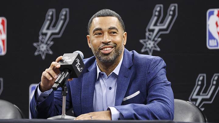 Jun 24, 2023; San Antonio, TX, USA; San Antonio Spurs general manager Brian Wright speaks at a press conference at AT&T Center. Mandatory Credit: Troy Taormina-Imagn Images