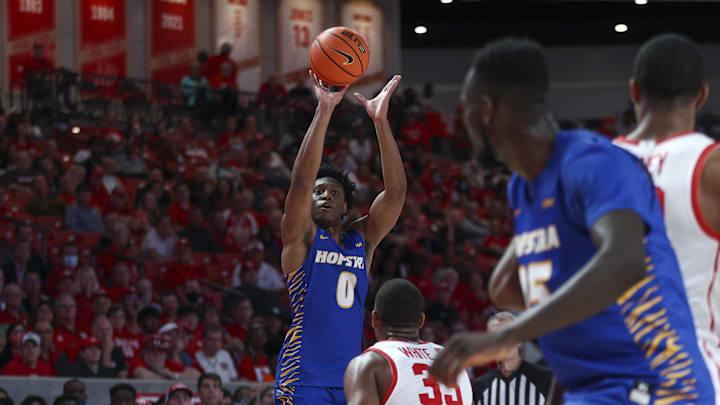 Nov 9, 2021; Houston, Texas, USA; Hofstra Pride guard Darlinstone Dubar (0) shoots the ball during