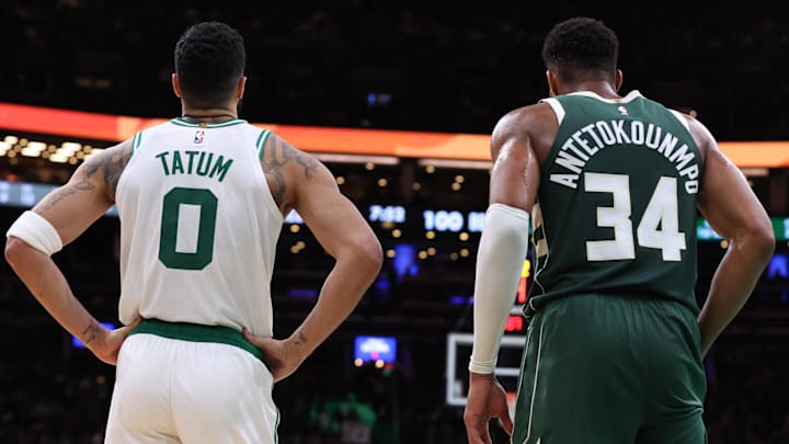 Oct 28, 2024; Boston, Massachusetts, USA; Boston Celtics forward Jayson Tatum (0) and Milwaukee Bucks forward Giannis Antetokounmpo (34) look on during the second half at TD Garden. Mandatory Credit: Paul Rutherford-Imagn Images Oct 28, 2024; Boston, Massachusetts, USA; Boston Celtics forward Jayson Tatum (0) and Milwaukee Bucks forward Giannis Antetokounmpo (34) look on during the second half at TD Garden. Mandatory Credit: Paul Rutherford-Imagn Images