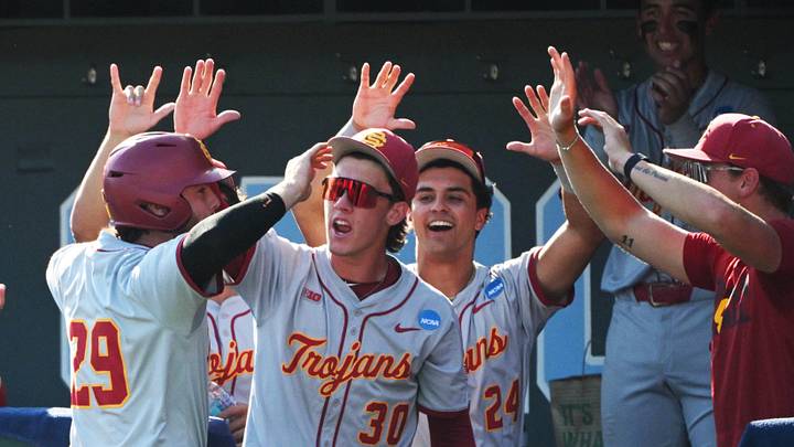 Jun 5, 2026; Chapel Hill, NC, USA;  The USC Trojans celebrate USC Trojans catcher Andrew Lamb (29) during the seventh inning against the USC Trojans at Boshamer Stadium. Mandatory Credit: Zachary Taft-Imagn Images