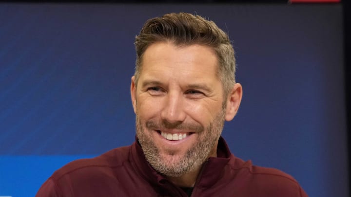 Washington Commanders general manager Adam Peters speaks during the NFL Scouting Combine.