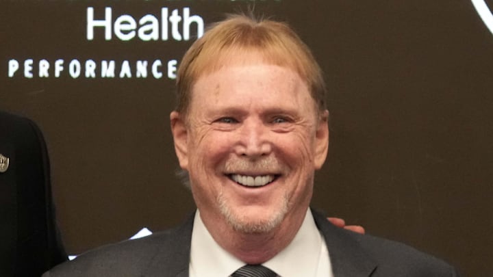 Jan 27, 2025; Las Vegas, NV, USA; Las Vegas Raiders general manager John Spytek (left), owner Mark Davis (center) and coach Pete Carroll pose at press conference at Intermountain Health Performance Center. Mandatory Credit: Kirby Lee-Imagn Images