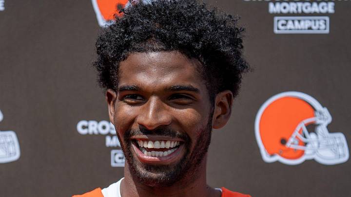 Shedeur Sanders answers media questions at the end of the Browns mini camp in Berea on April 21, 2026. Shedeur Sanders answers media questions at the end of the Browns mini camp in Berea on April 21, 2026.